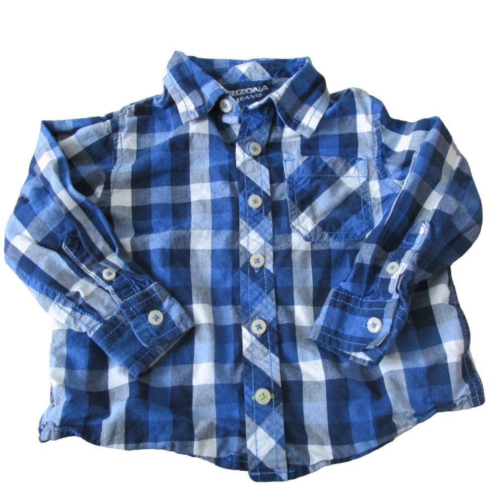 Arizona Jean Co Button Up Shirt Toddler Boys 18M Blue Plaid Long Sleeve Collared